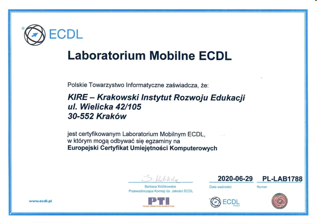 Certyfikat Laboratorium Mobilnym ECDL