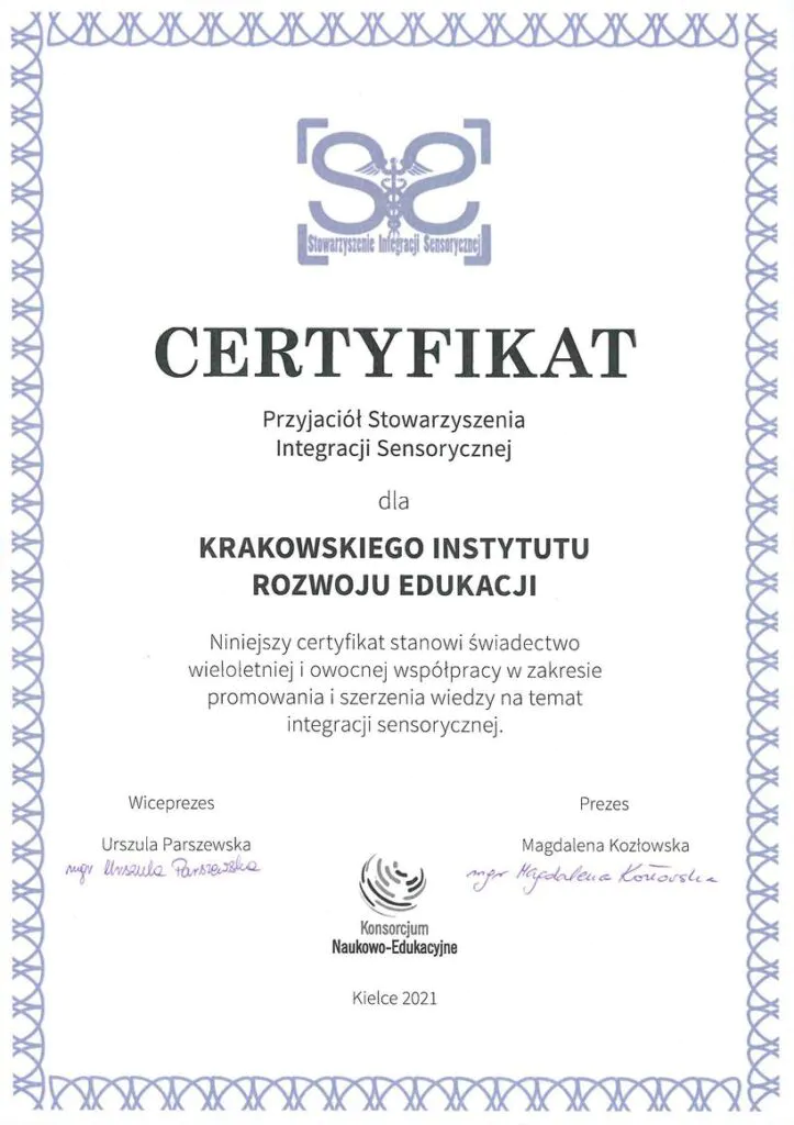 Certyfikat Przyjaciół Stowarzyszenia Integracji Sensorycznej