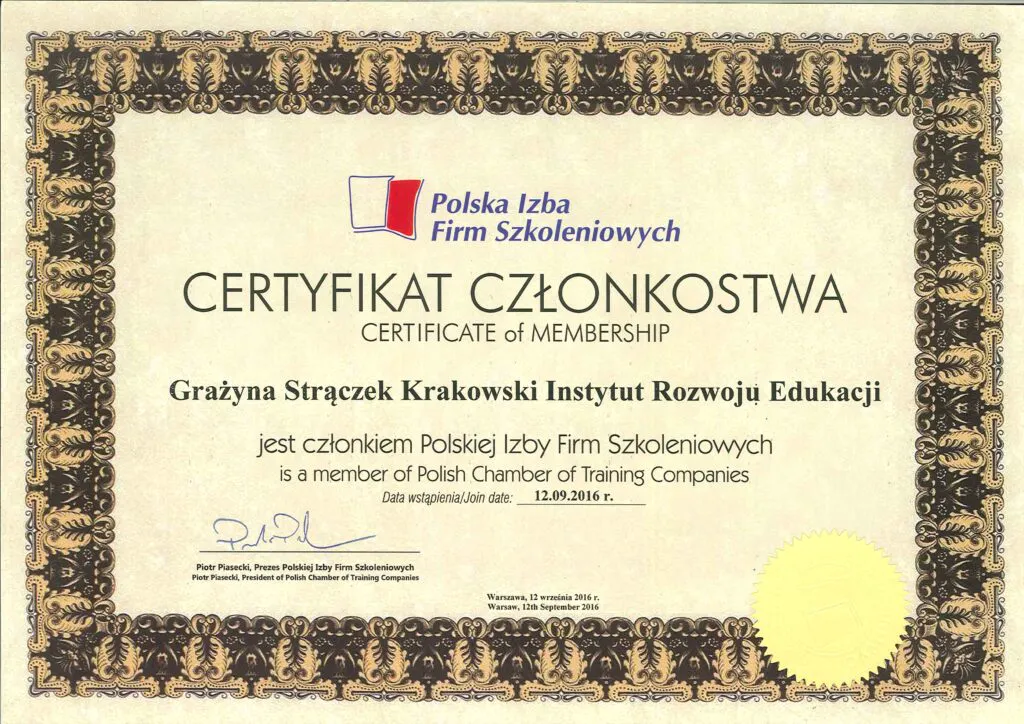 Certyfikat Członkostwa Polskiej Izby Firm Szkoleniowych